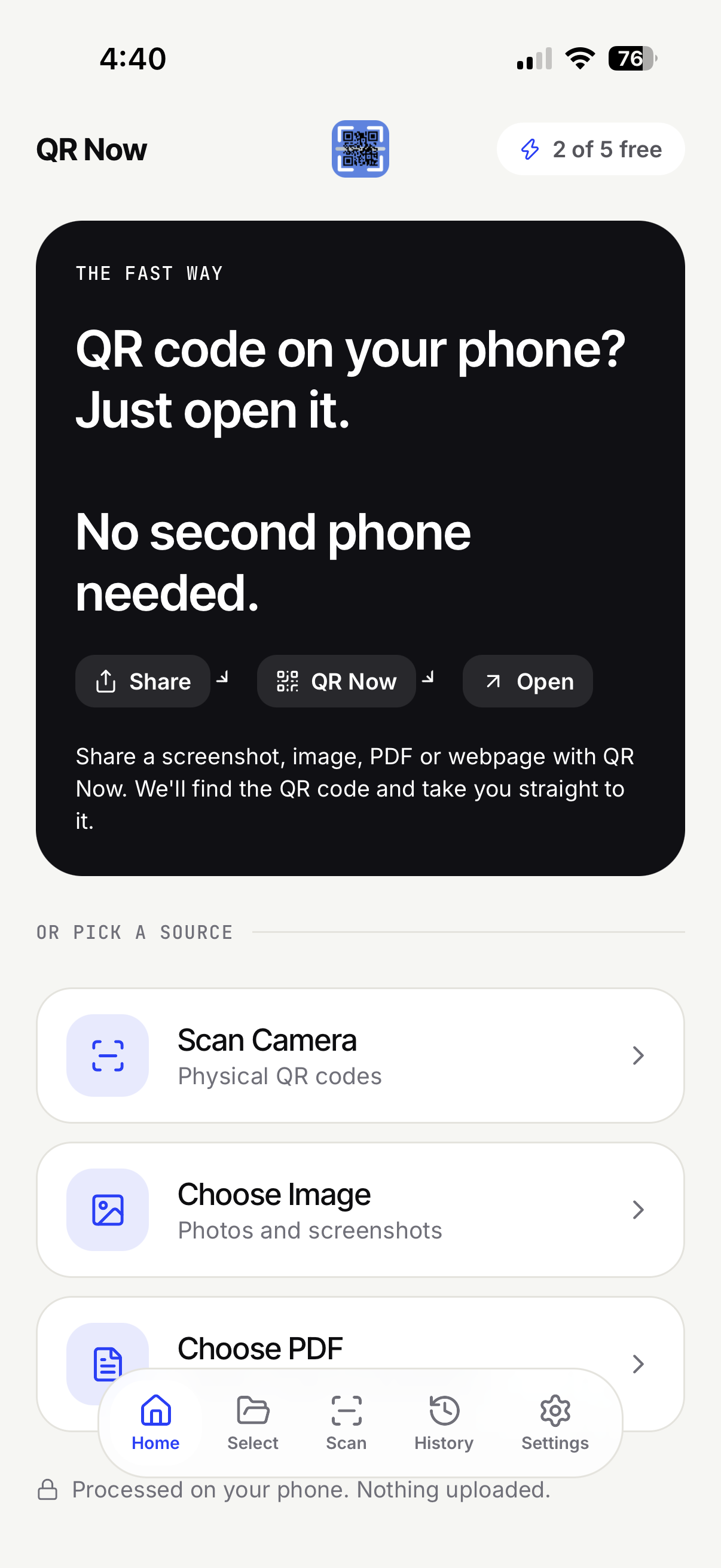 QR Now home screen