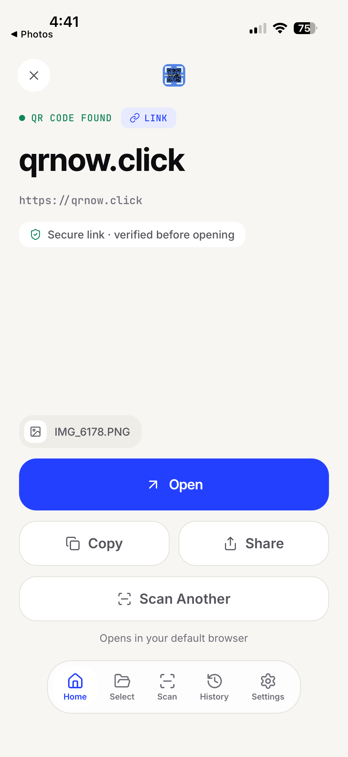 QR Now result screen